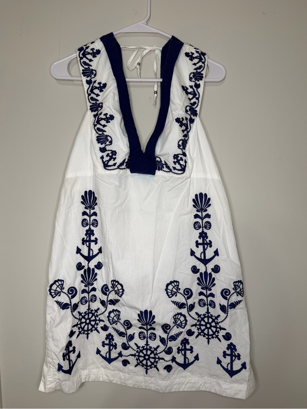 Anthropologie White Dress with Navy Embroidered Accents